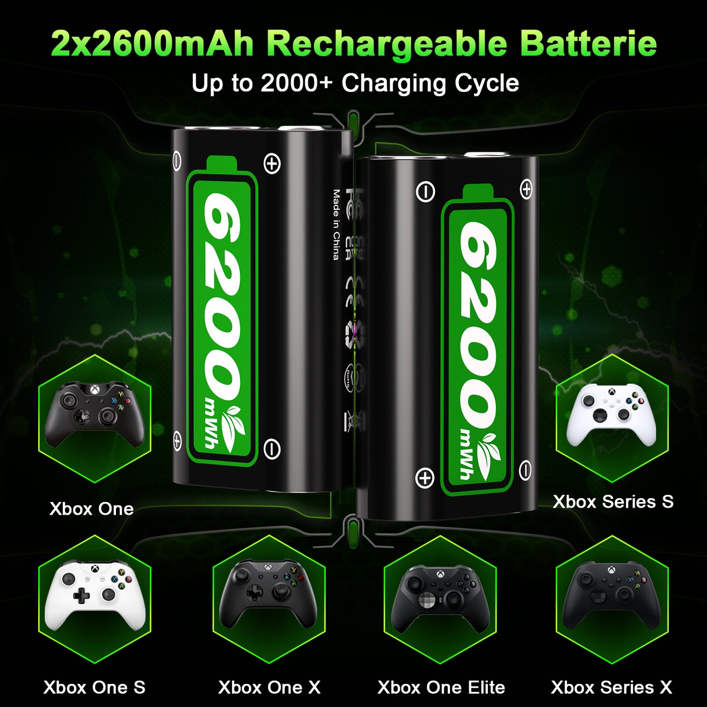 Ponkor 2×6200mWh Rechargeable Battery Packs with Charger for Xbox Controllers