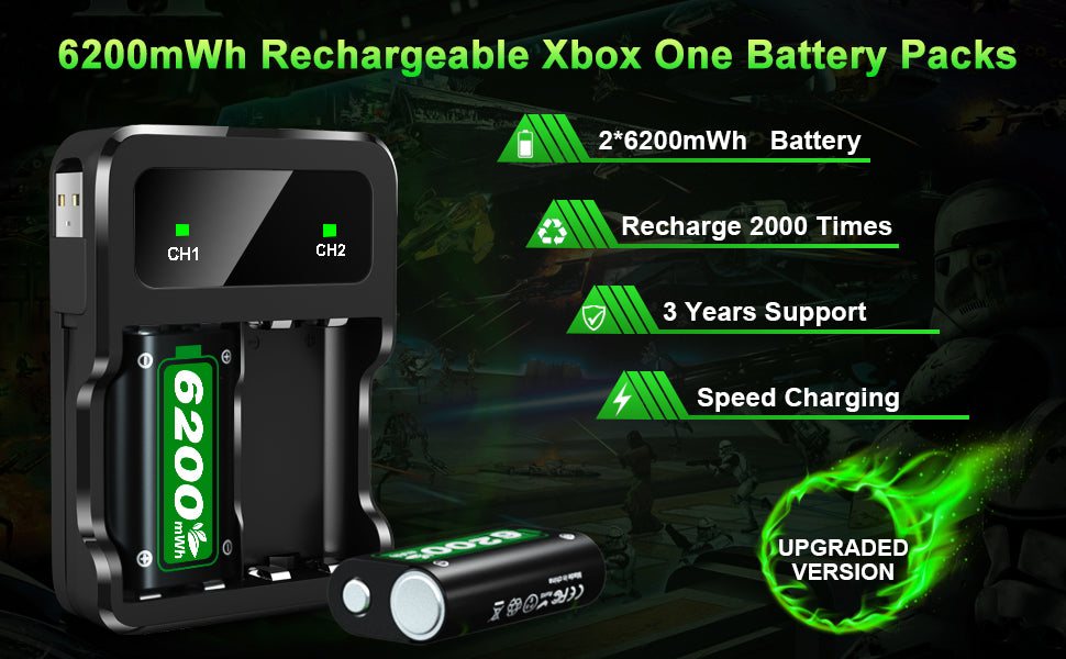 Ponkor 2×6200mWh Rechargeable Battery Packs with Charger for Xbox Controllers